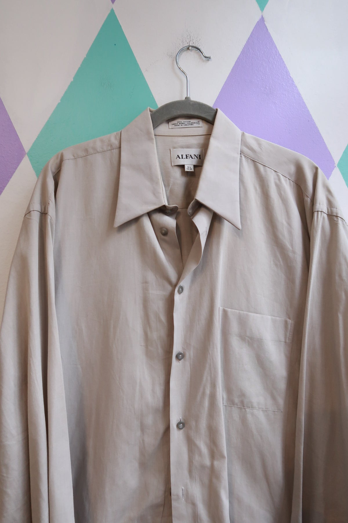 Vintage 90s Alfani 100% Cotton Beige Oversized Button Down Shirt Made in Singapore