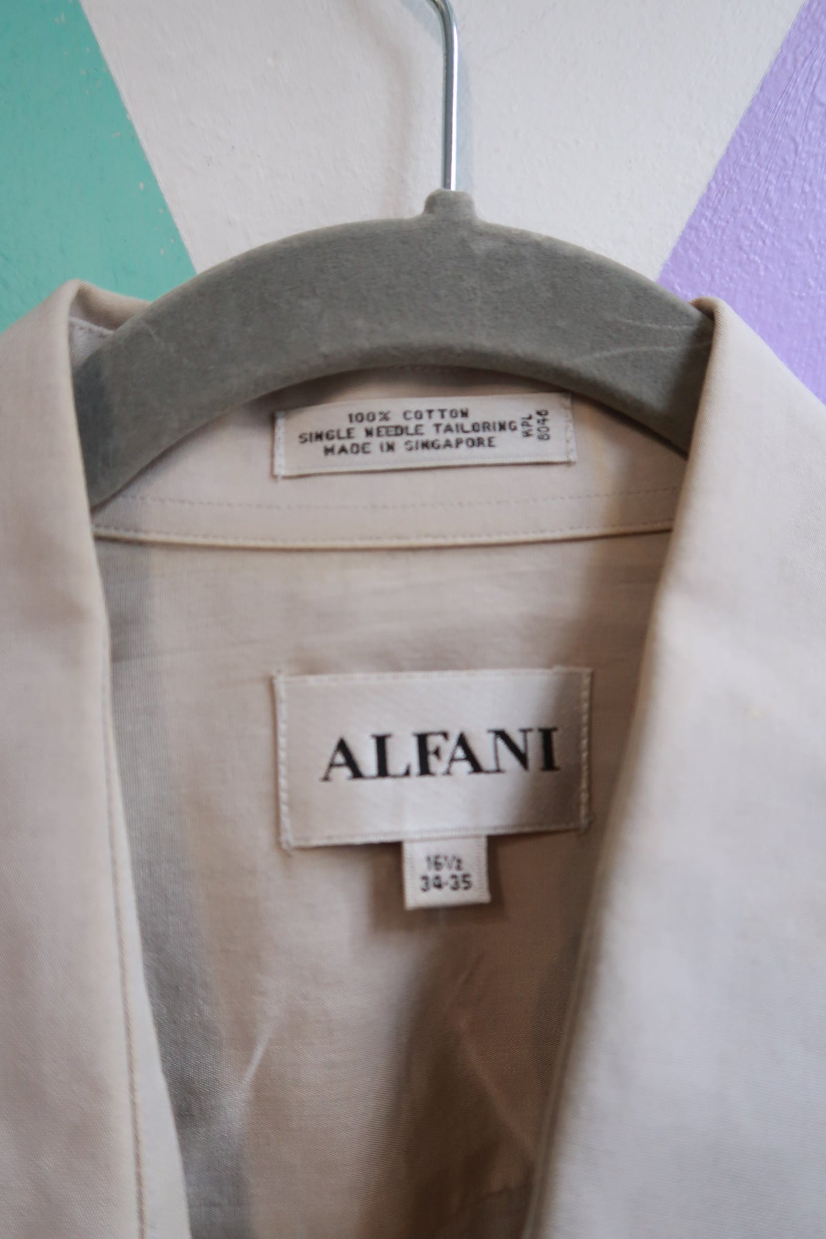 Vintage 90s Alfani 100% Cotton Beige Oversized Button Down Shirt Made in Singapore