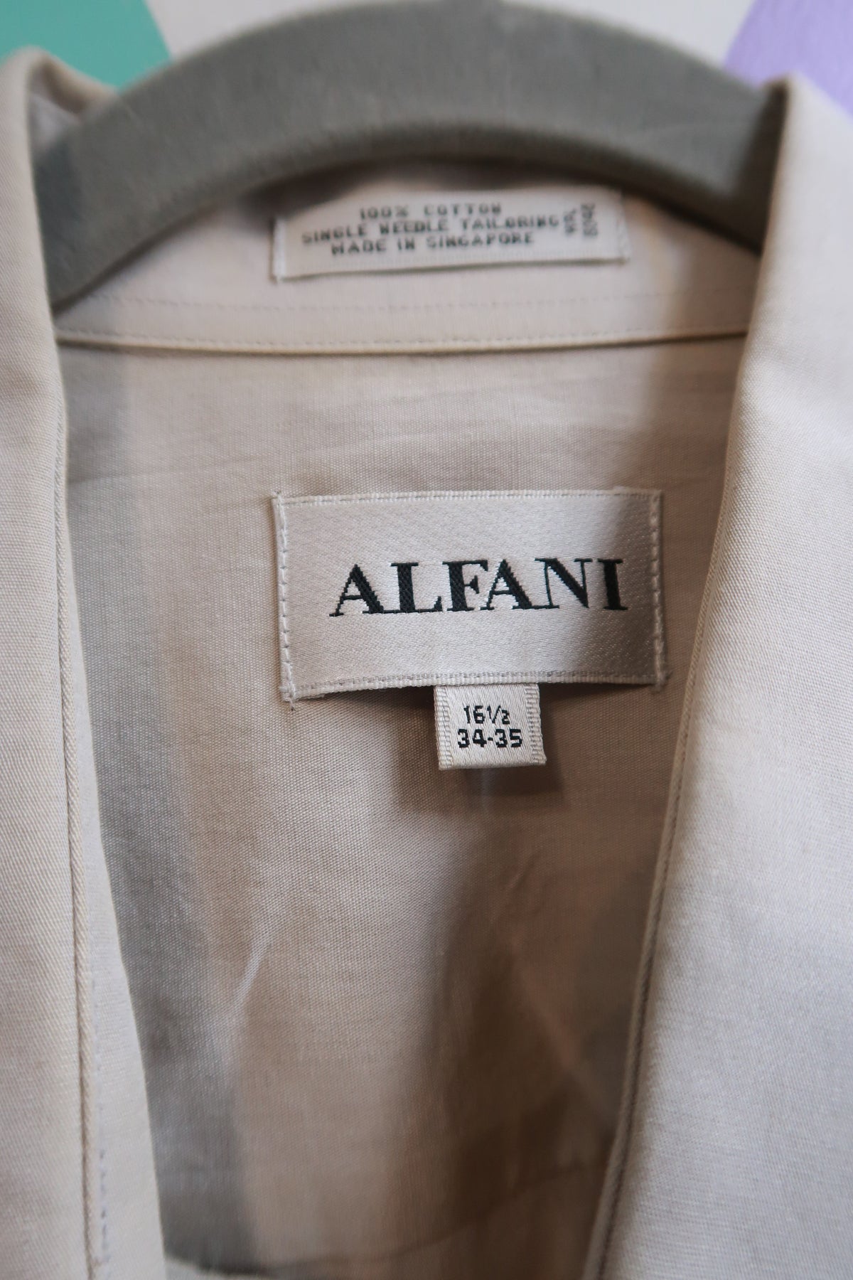 Vintage 90s Alfani 100% Cotton Beige Oversized Button Down Shirt Made in Singapore