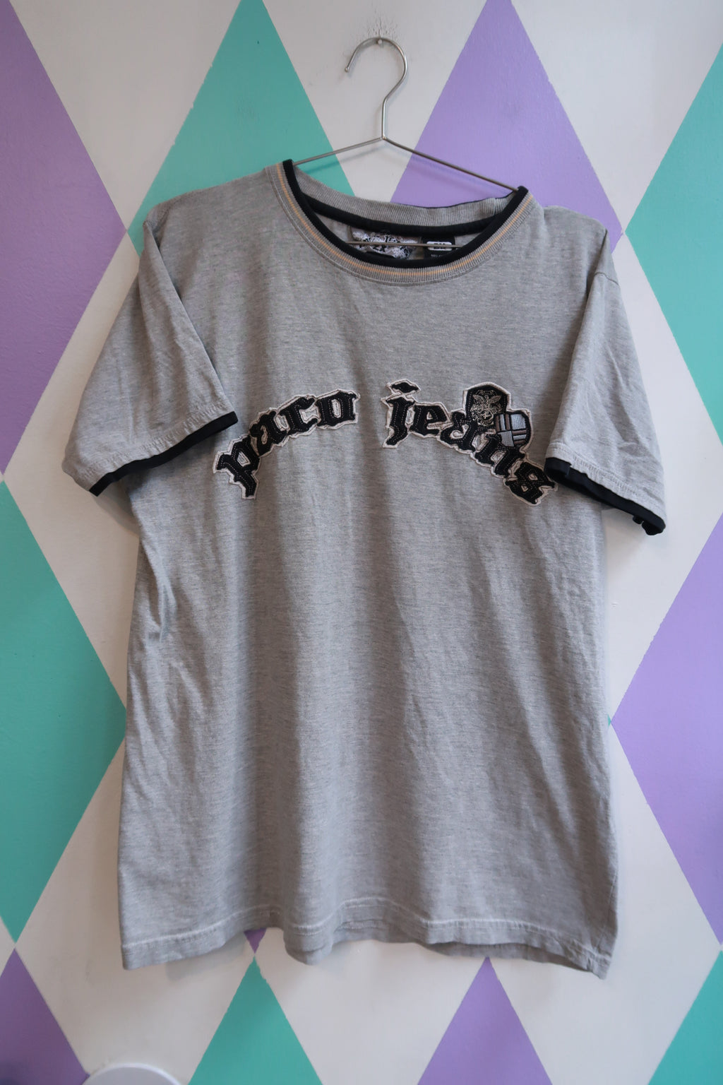 Vintage 2000s Paco Jeans Gray Embroidered Logo Ringer T-Shirt Y2K Hip Hop Streetwear Tee