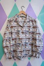 Load image into Gallery viewer, Elektra Vintage women's button-down shirt with vintage Liz Claiborne equestrian print, long sleeves, and classic collar.
