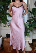 Load image into Gallery viewer, Vintage 2000s Pink Satin Slip Dress Brown Lace Trim Midi Lingerie Dress
