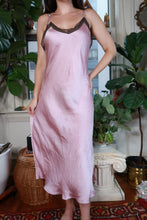 Load image into Gallery viewer, Vintage 2000s Pink Satin Slip Dress Brown Lace Trim Midi Lingerie Dress
