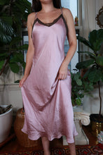 Load image into Gallery viewer, Vintage 2000s Pink Satin Slip Dress Brown Lace Trim Midi Lingerie Dress
