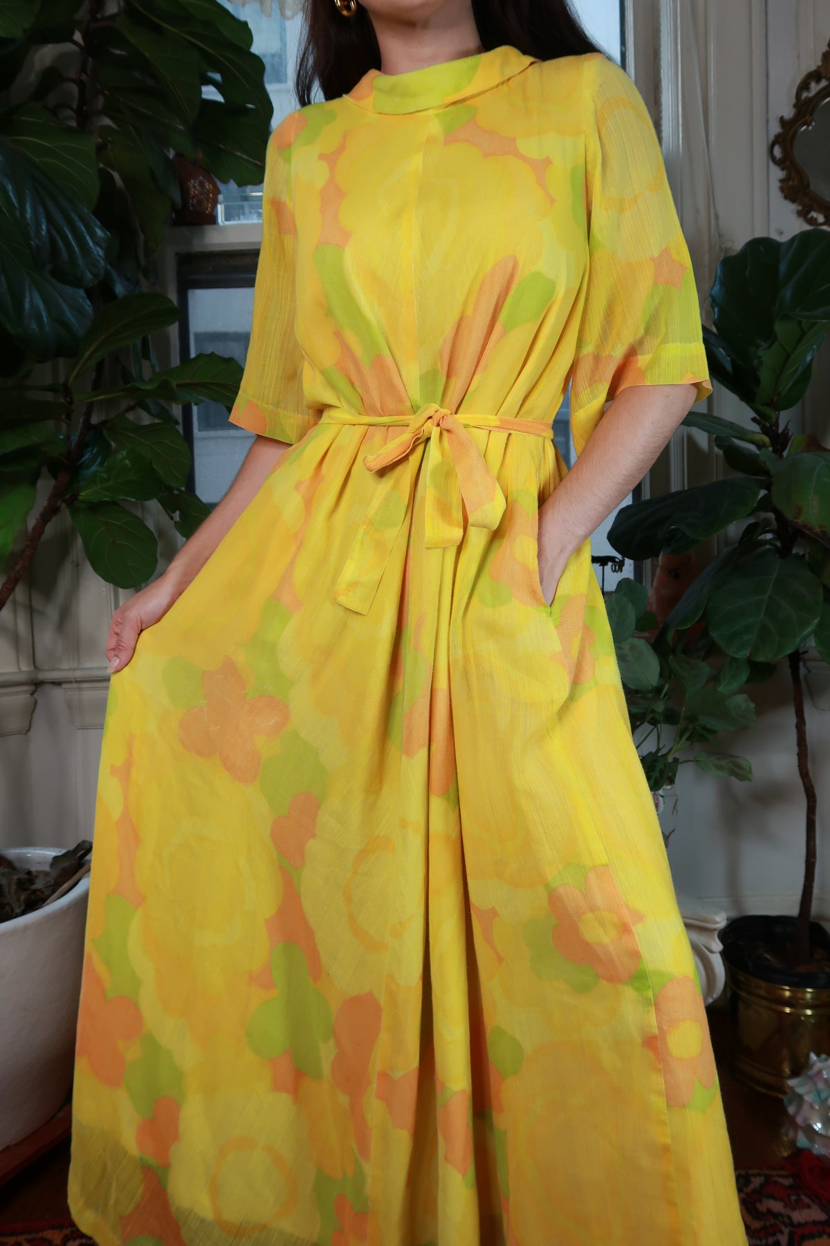 Vintage 60s yellow floral maxi kaftan dress with a belted waist and sheer fabric, by Elektra Vintage.