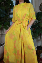 Load image into Gallery viewer, Vintage 60s Yellow Floral Kaftan Dress Belted Sheer Maxi Caftan
