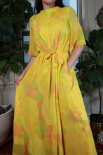 Load image into Gallery viewer, Vintage 60s Yellow Floral Kaftan Dress Belted Sheer Maxi Caftan
