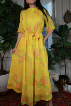 Load image into Gallery viewer, Vintage 60s Yellow Floral Kaftan Dress Belted Sheer Maxi Caftan
