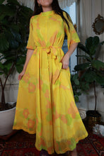 Load image into Gallery viewer, Vintage 60s Yellow Floral Kaftan Dress Belted Sheer Maxi Caftan
