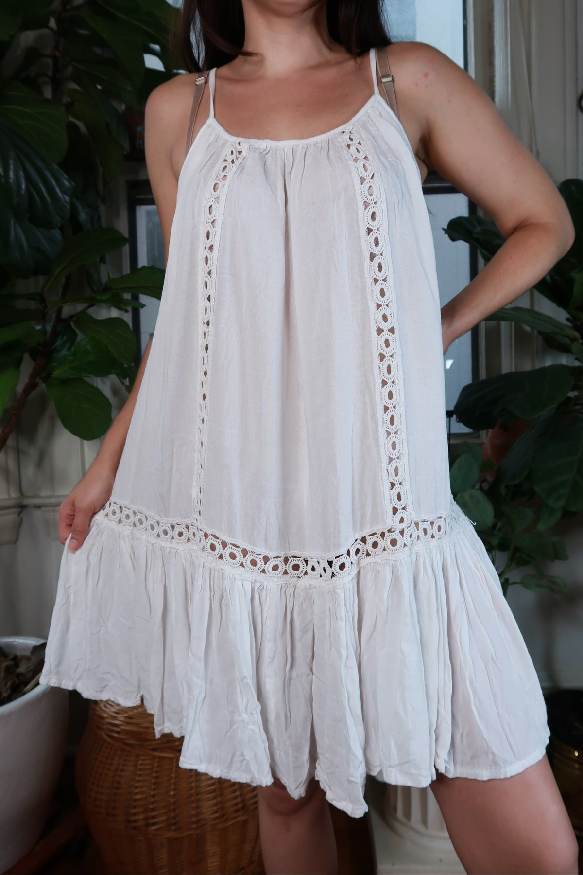 White Crochet Lace Trim Drop Waist Mini Dress Boho Ruffle Hem Sundress
