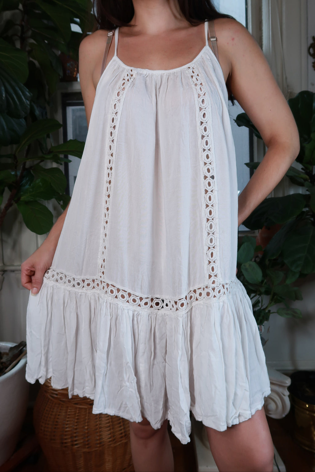 White Crochet Lace Trim Drop Waist Mini Dress Boho Ruffle Hem Sundress