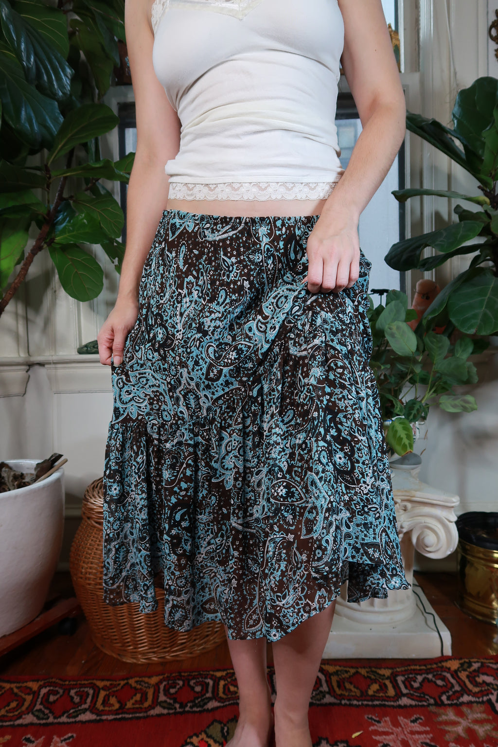 Vintage 2000s Fashion Bug Blue Brown Paisley Tiered Midi Skirt Y2K Boho Mermaid Skirt