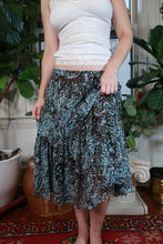 Load image into Gallery viewer, Vintage 2000s Fashion Bug Blue Brown Paisley Tiered Midi Skirt Y2K Boho Mermaid Skirt
