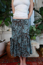 Load image into Gallery viewer, Vintage 2000s Fashion Bug Blue Brown Paisley Tiered Midi Skirt Y2K Boho Mermaid Skirt
