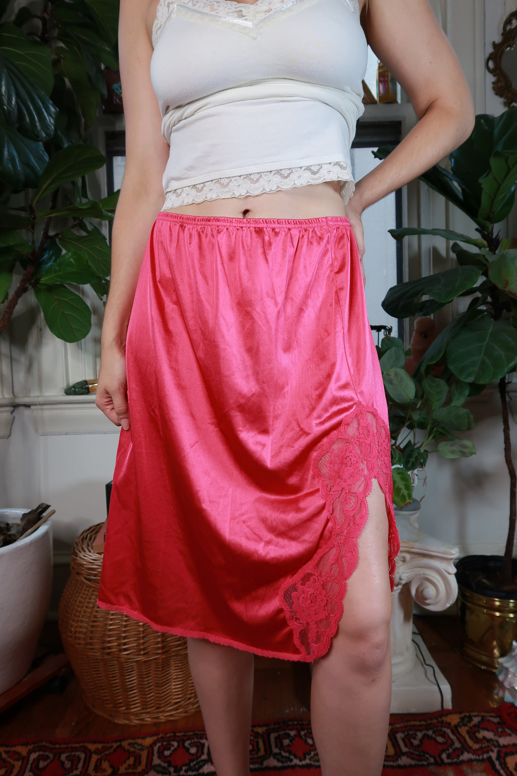 Vintage Vanity Fair Hot Pink Satin Slip Skirt Lace Trim Side Slit Lingerie Skirt