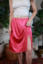 Load image into Gallery viewer, Vintage Vanity Fair Hot Pink Satin Slip Skirt Lace Trim Side Slit Lingerie Skirt
