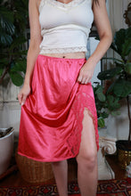 Load image into Gallery viewer, Vintage Vanity Fair Hot Pink Satin Slip Skirt Lace Trim Side Slit Lingerie Skirt
