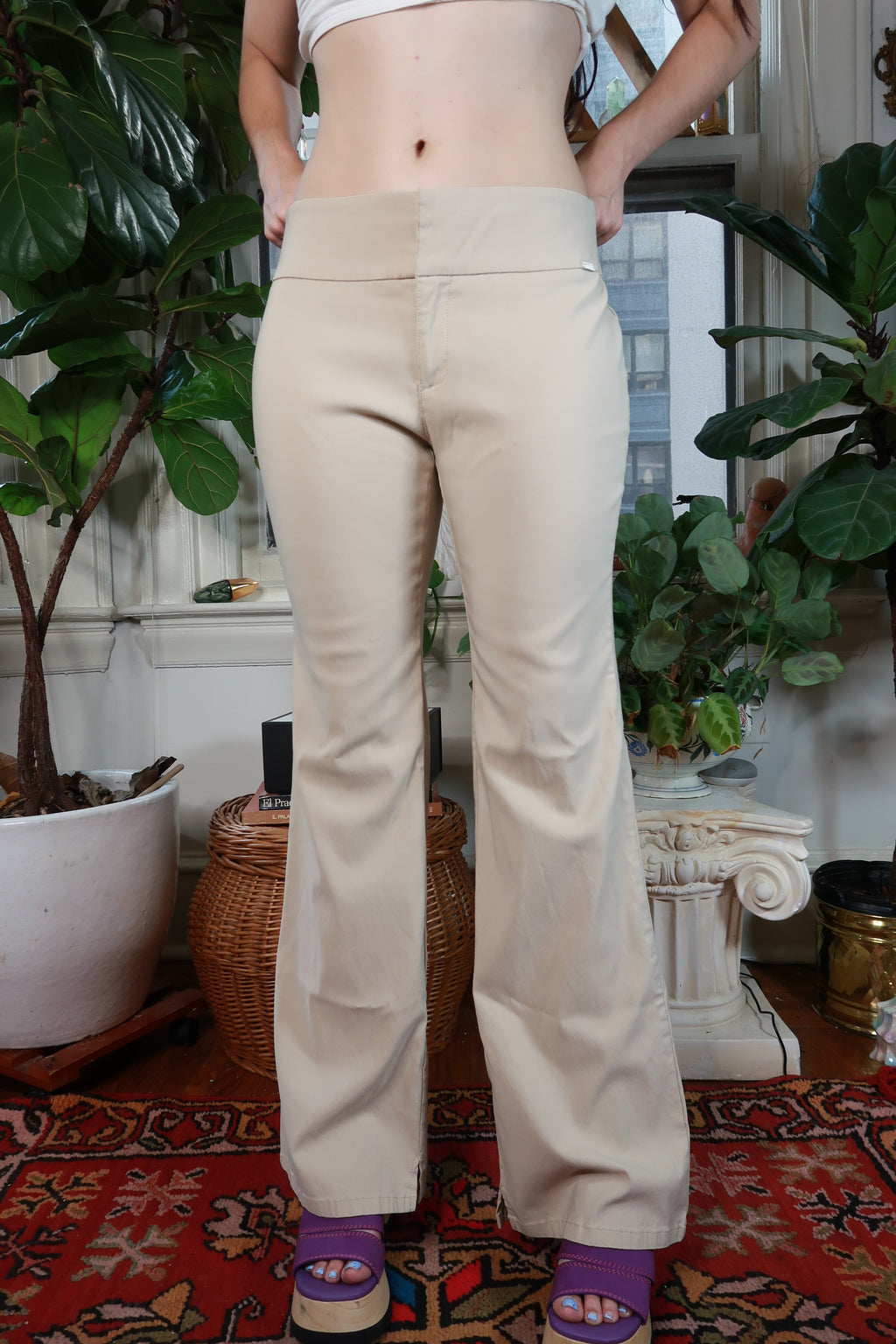 Vintage 2000s Guess Jeans Khaki Mid Rise Flare Pants Beige Y2K Trouser Pants