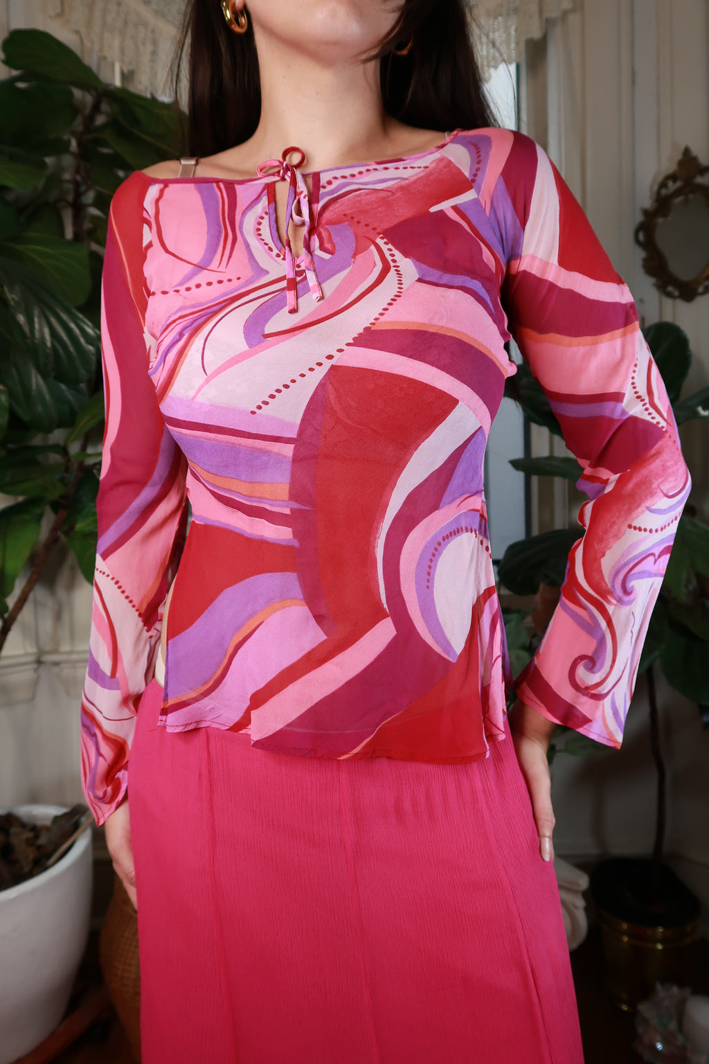 Vintage 2000s 100% Silk Pink Abstract Print Long Sleeve Top Y2K Bell Sleeve Blouse