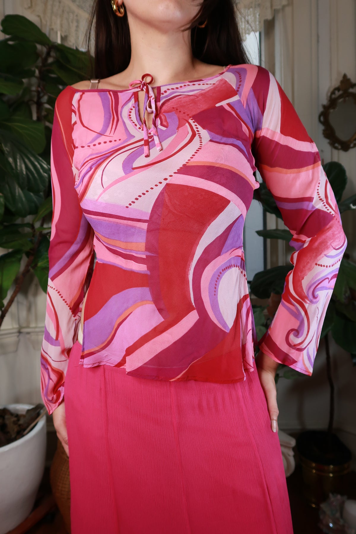 Vintage 2000s 100% Silk Pink Abstract Print Long Sleeve Top Y2K Bell Sleeve Blouse