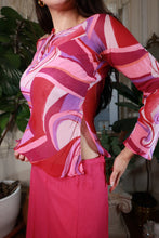 Load image into Gallery viewer, Vintage 2000s 100% Silk Pink Abstract Print Long Sleeve Top Y2K Bell Sleeve Blouse
