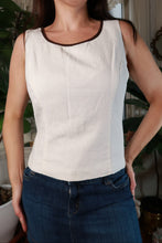 Load image into Gallery viewer, Vintage Linen Cotton Blend Ivory Bodice Top Brown Trim Sleeveless Fitted Blouse

