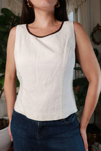 Load image into Gallery viewer, Vintage Linen Cotton Blend Ivory Bodice Top Brown Trim Sleeveless Fitted Blouse
