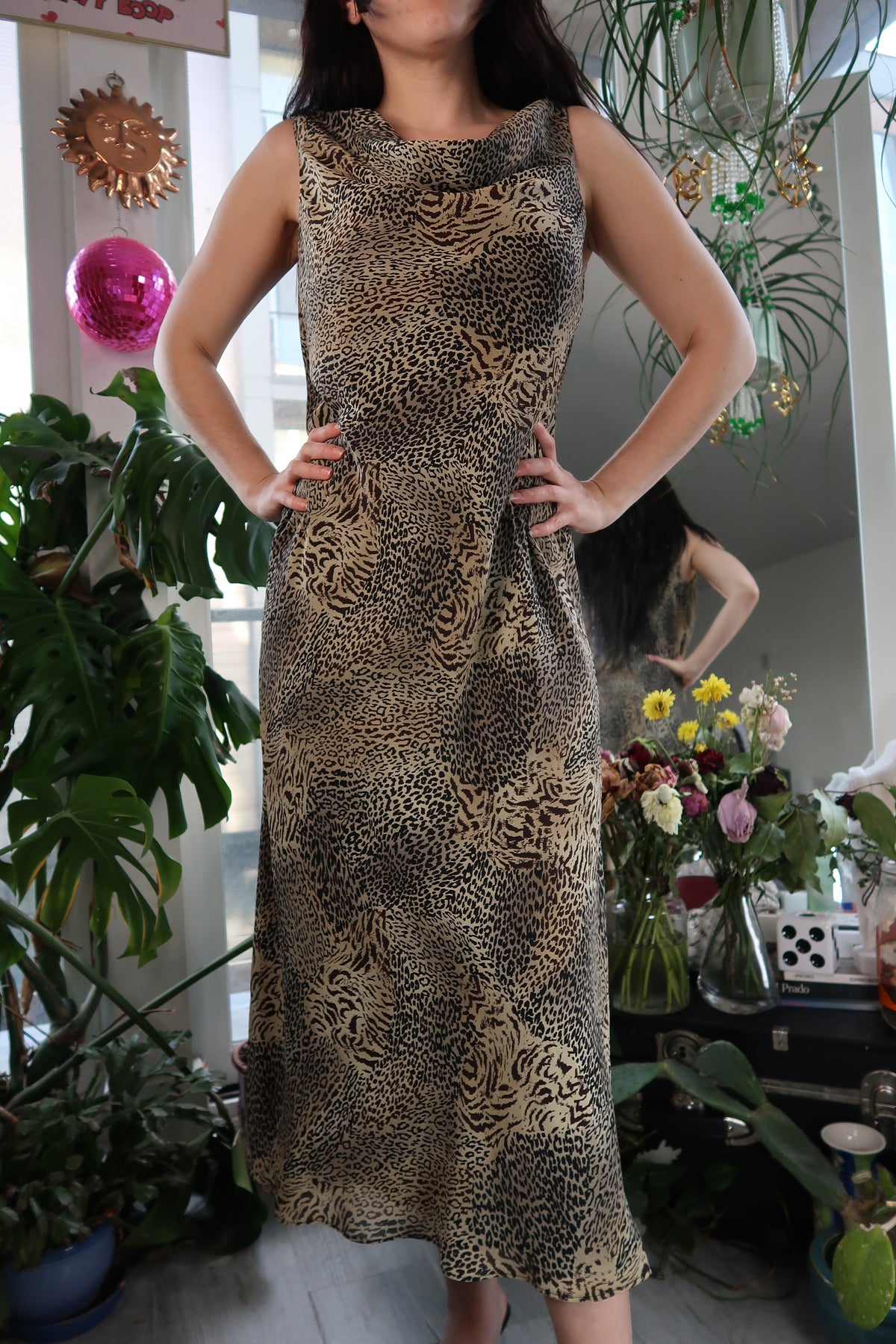 Vintage 90s Animal Print Cowl Neck Dress