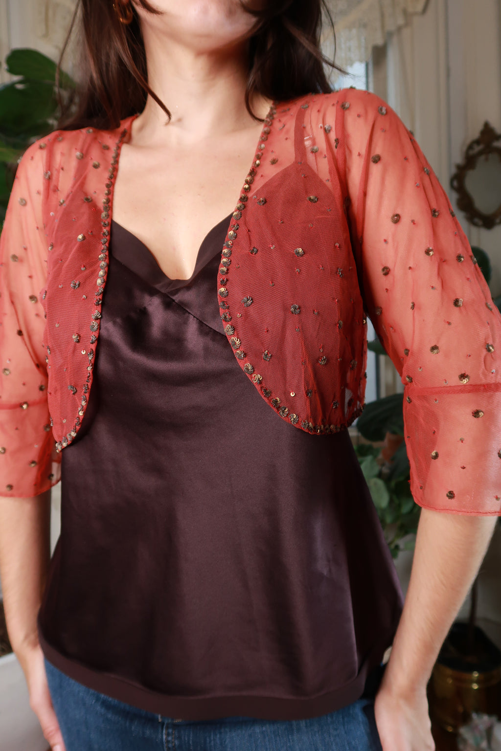 Vintage 2000s Rust Orange Sheer Mesh Sequin Beaded Bolero Shrug