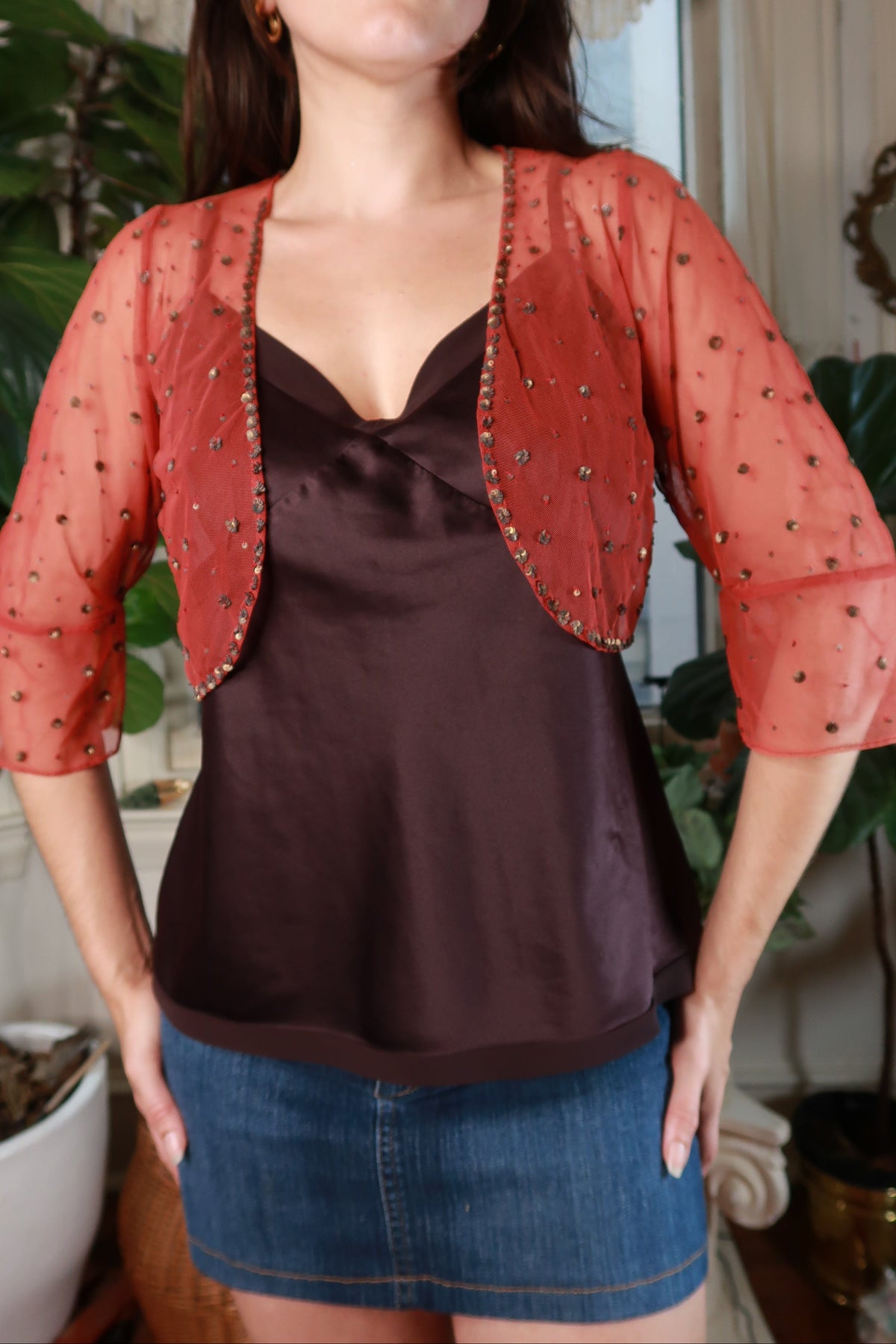 Vintage 2000s Rust Orange Sheer Mesh Sequin Beaded Bolero Shrug