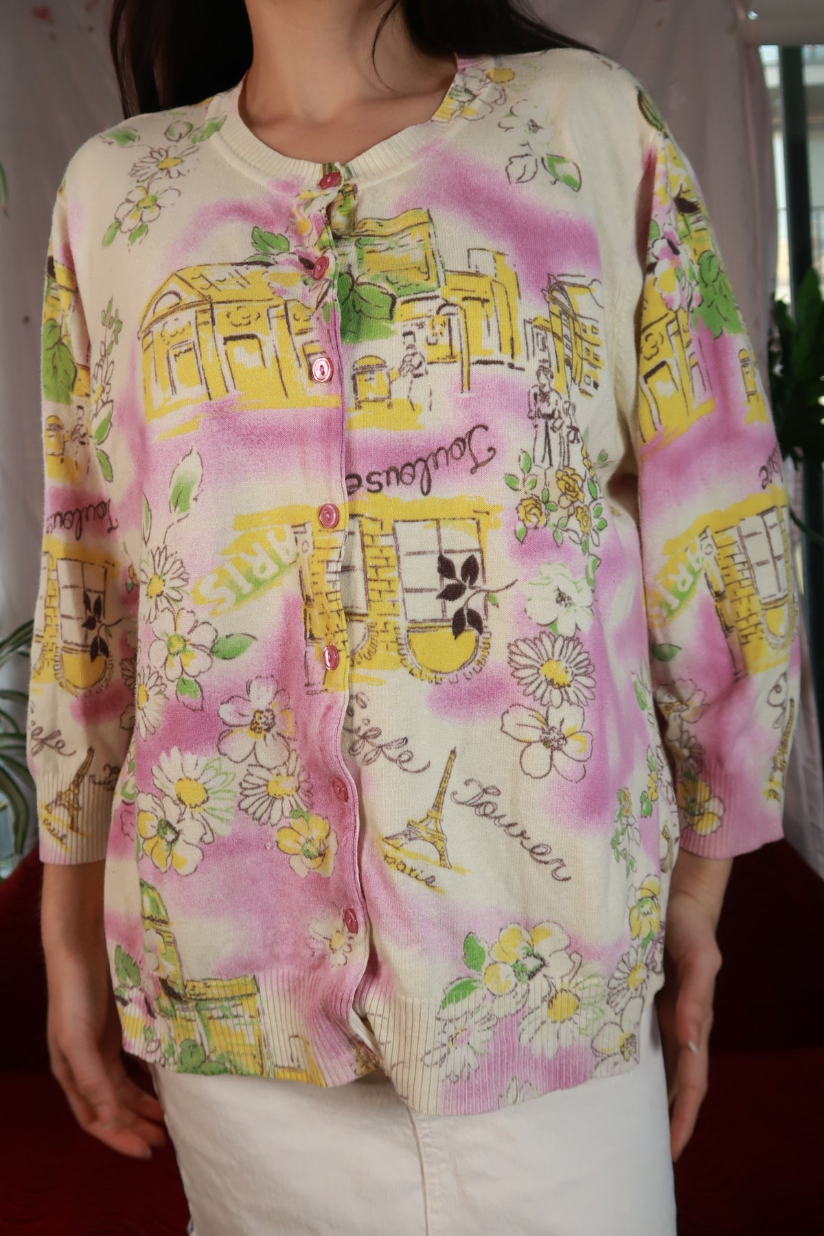 Vintage 2000s Parisian Scenic Print Knit Cardigan