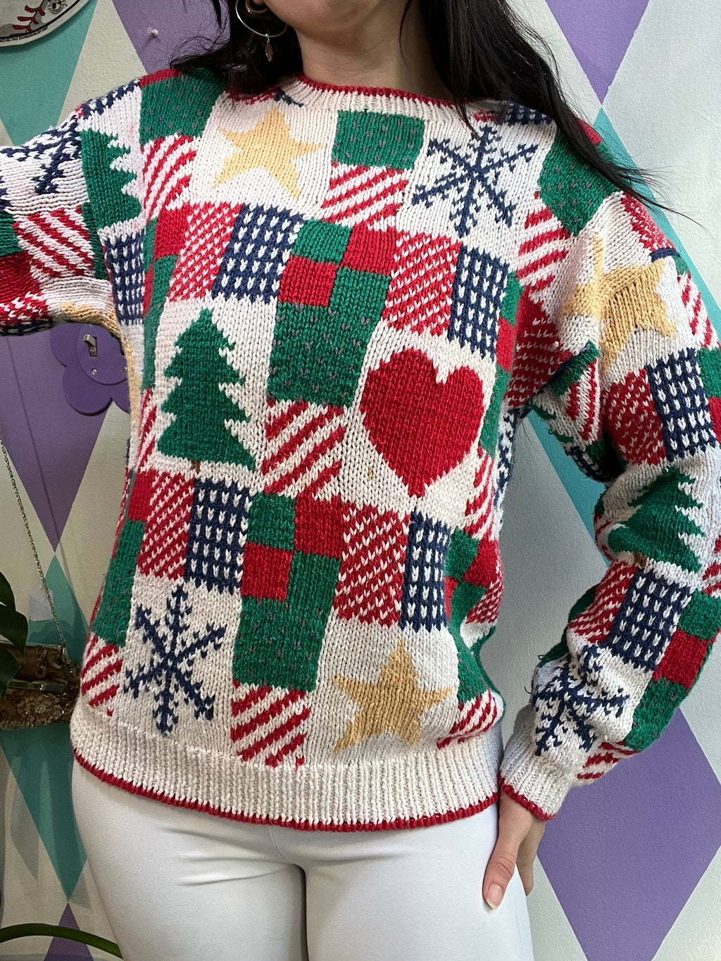 Vintage Christmas Patchwork Knit Sweater - Elektra Vintage