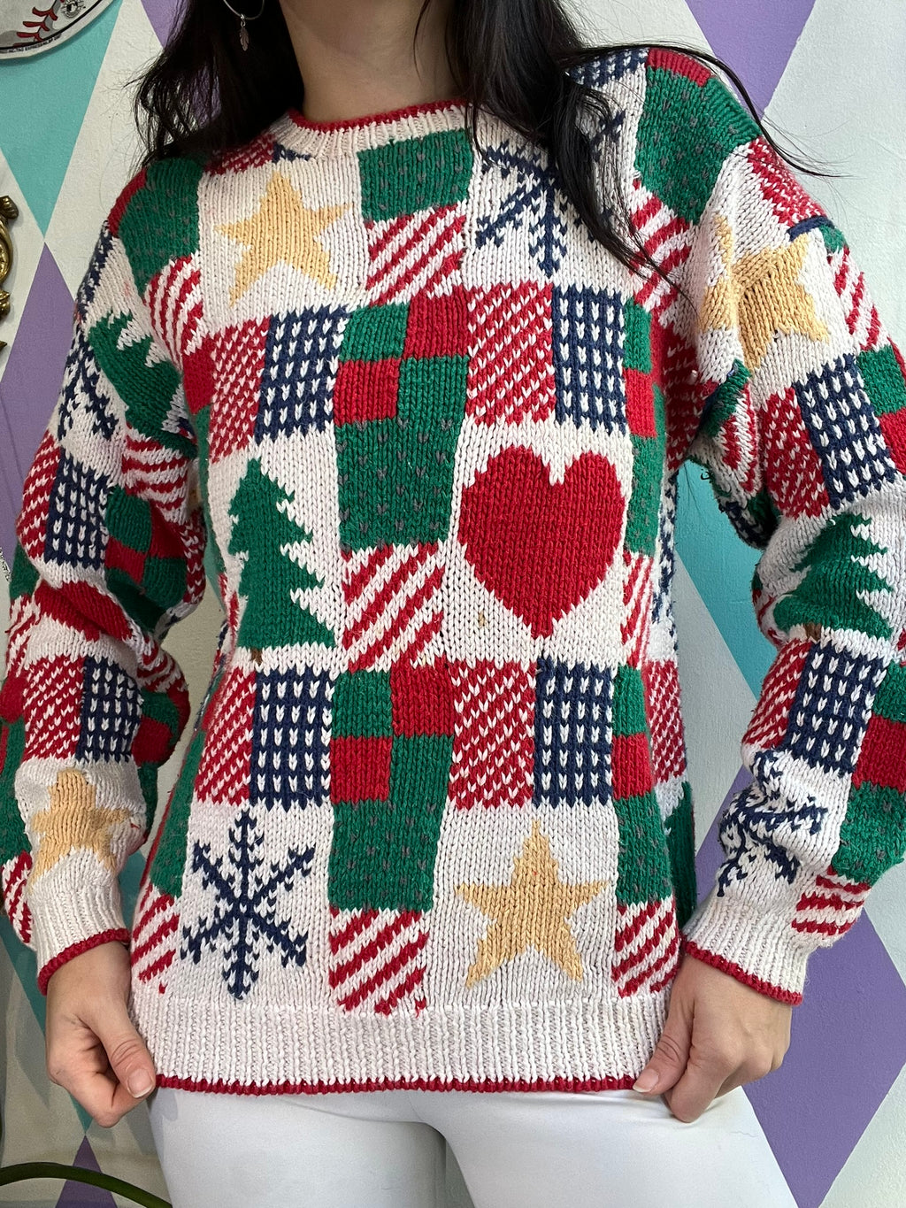 Vintage Christmas Patchwork Knit Sweater - Elektra Vintage