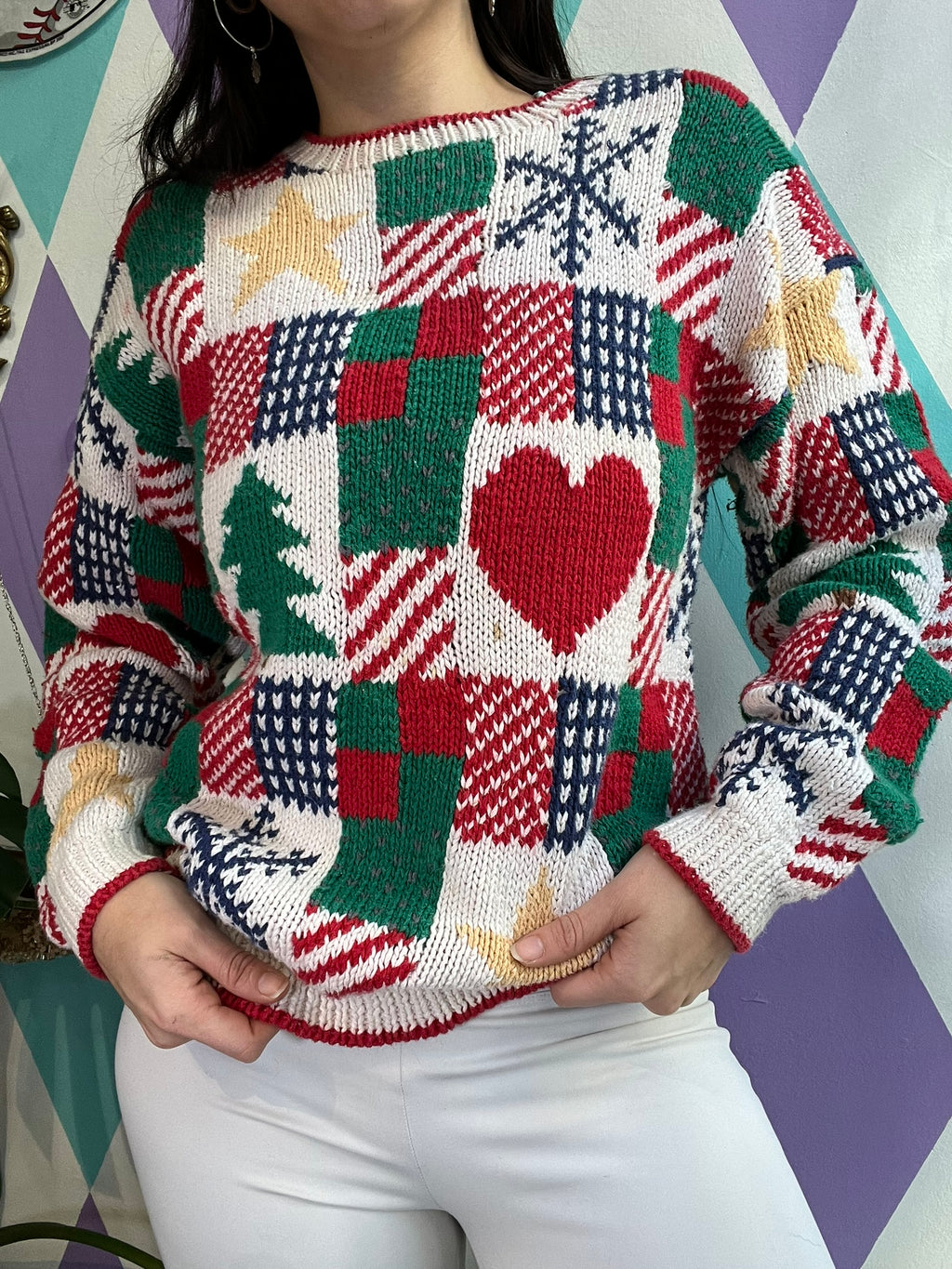 Vintage Christmas Patchwork Knit Sweater - Elektra Vintage