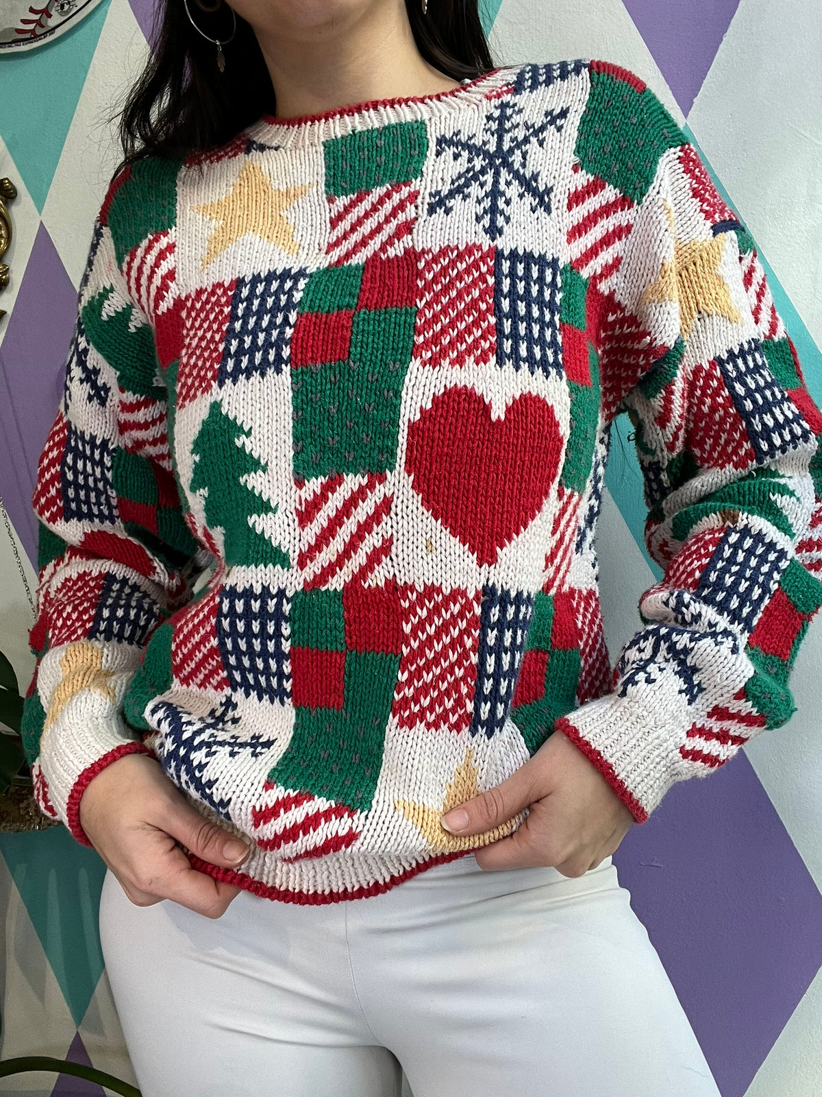 Vintage Christmas Patchwork Knit Sweater - Elektra Vintage