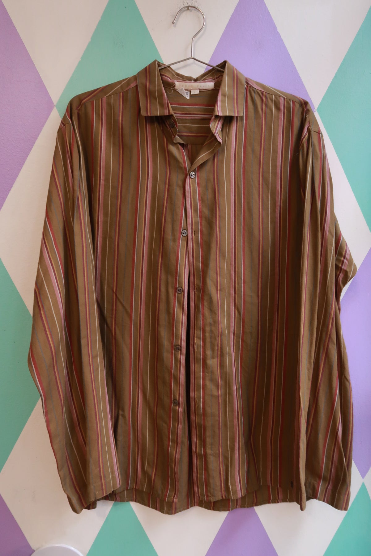 Vintage Perry Ellis Brown Striped Button Up Shirt