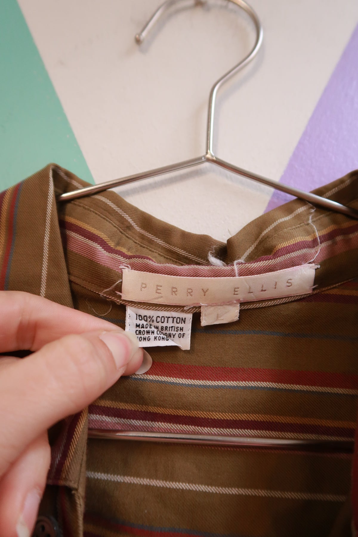 Vintage Perry Ellis Brown Striped Button Up Shirt