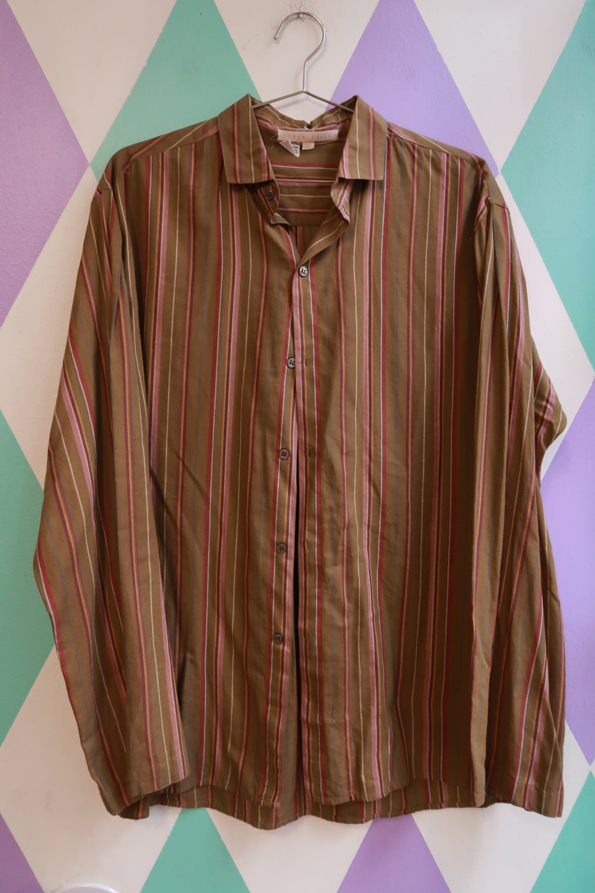 Vintage Perry Ellis Brown Striped Button Up Shirt