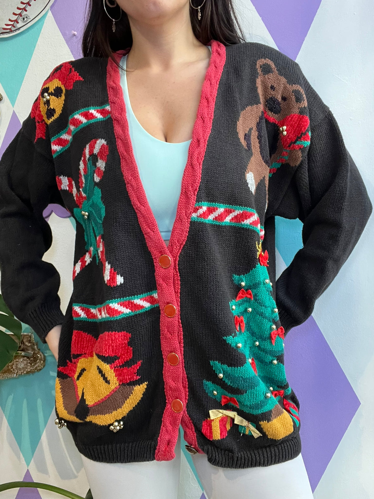Vintage Christmas Patchwork Knit Cardigan Sweater - Elektra Vintage