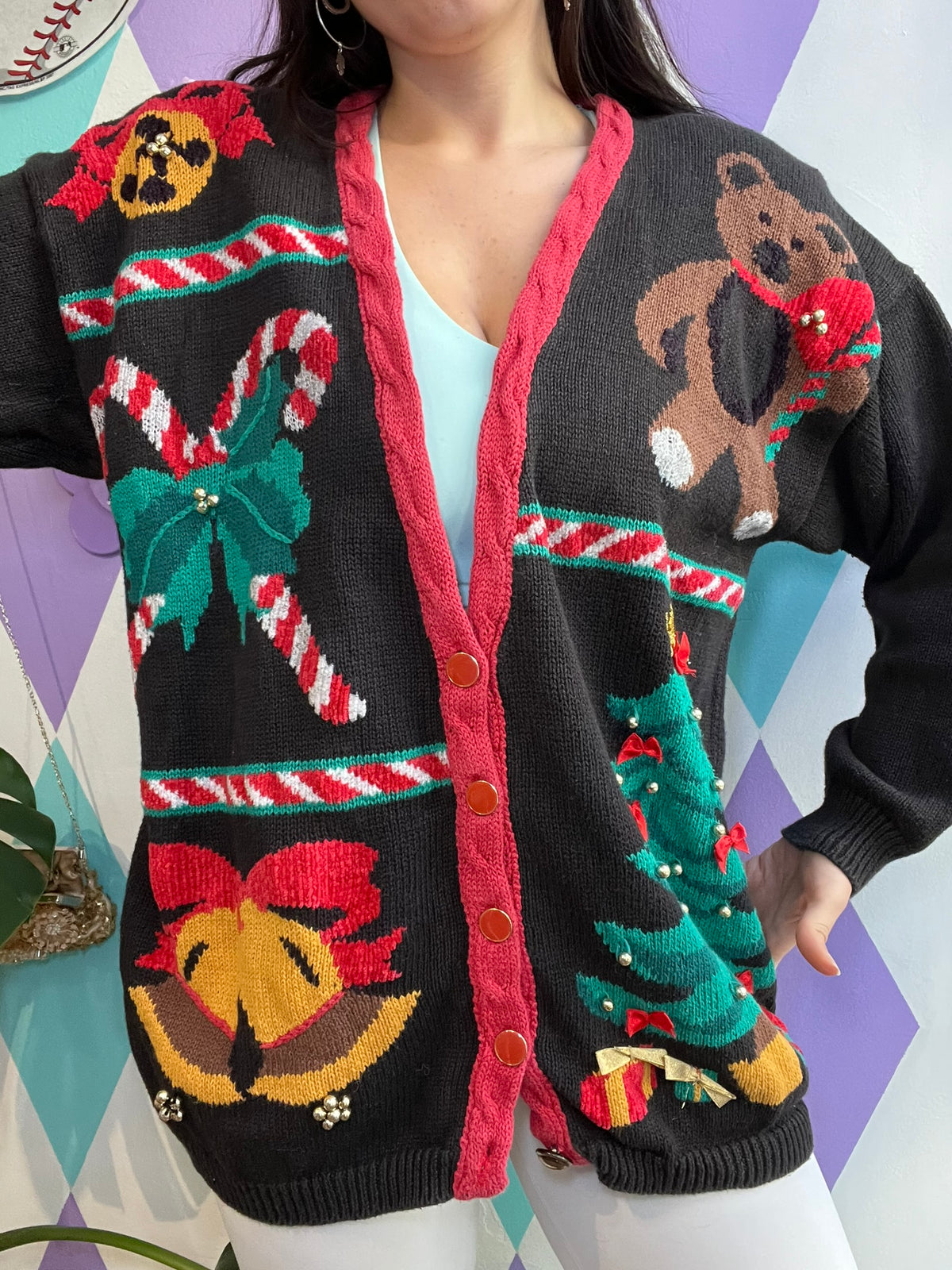 Vintage Christmas Patchwork Knit Cardigan Sweater - Elektra Vintage