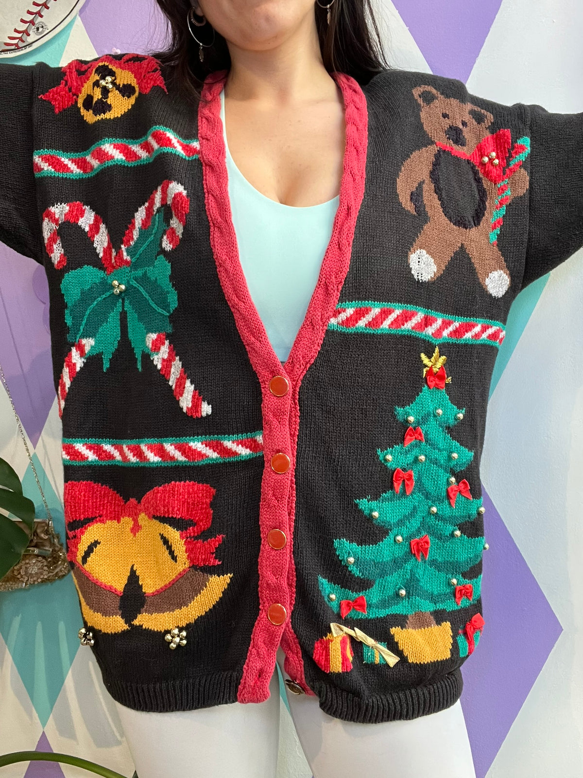 Vintage Christmas Patchwork Knit Cardigan Sweater - Elektra Vintage