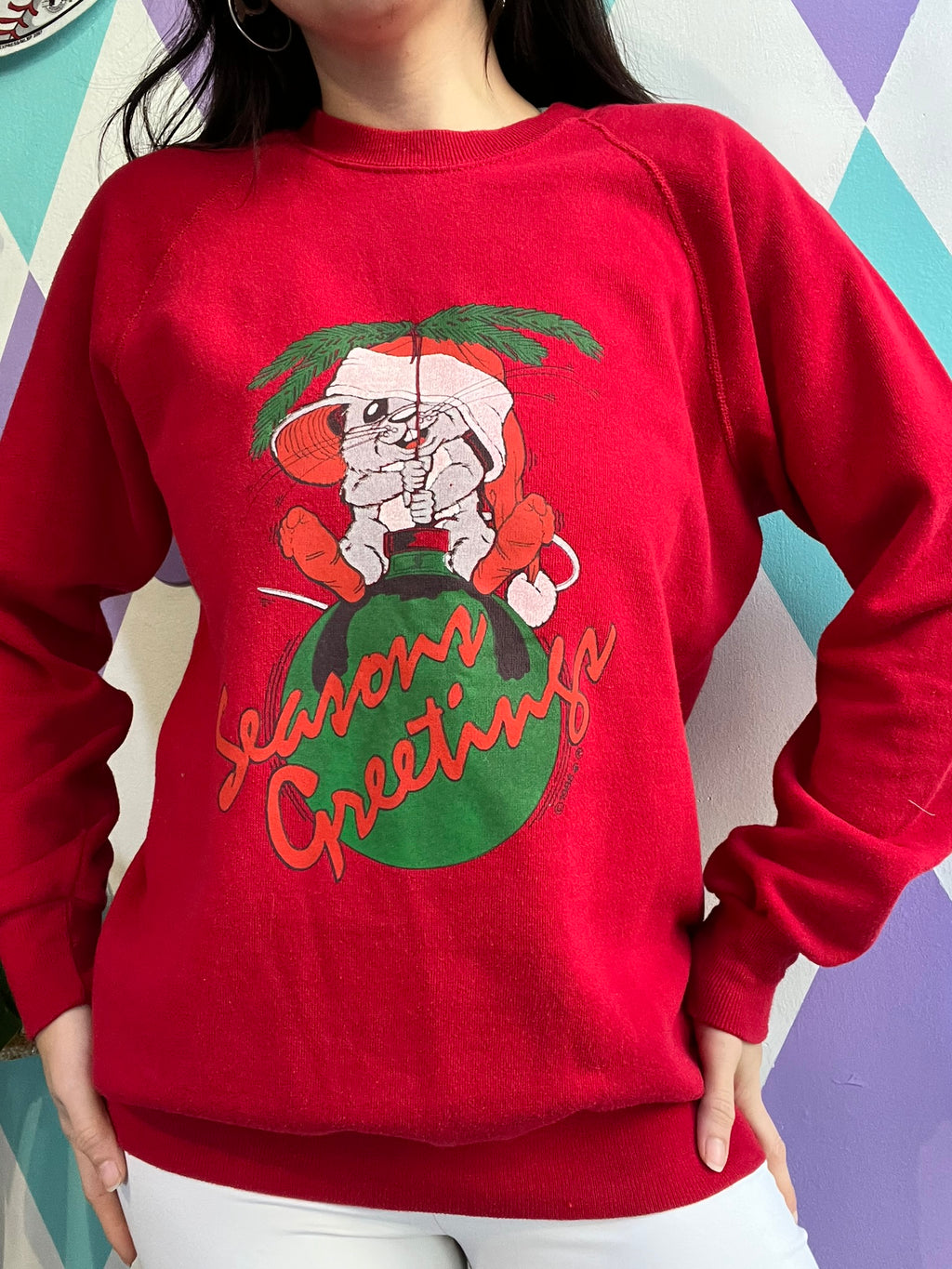 Vintage Seasons Greetings Mouse Graphic Crewneck - Elektra Vintage
