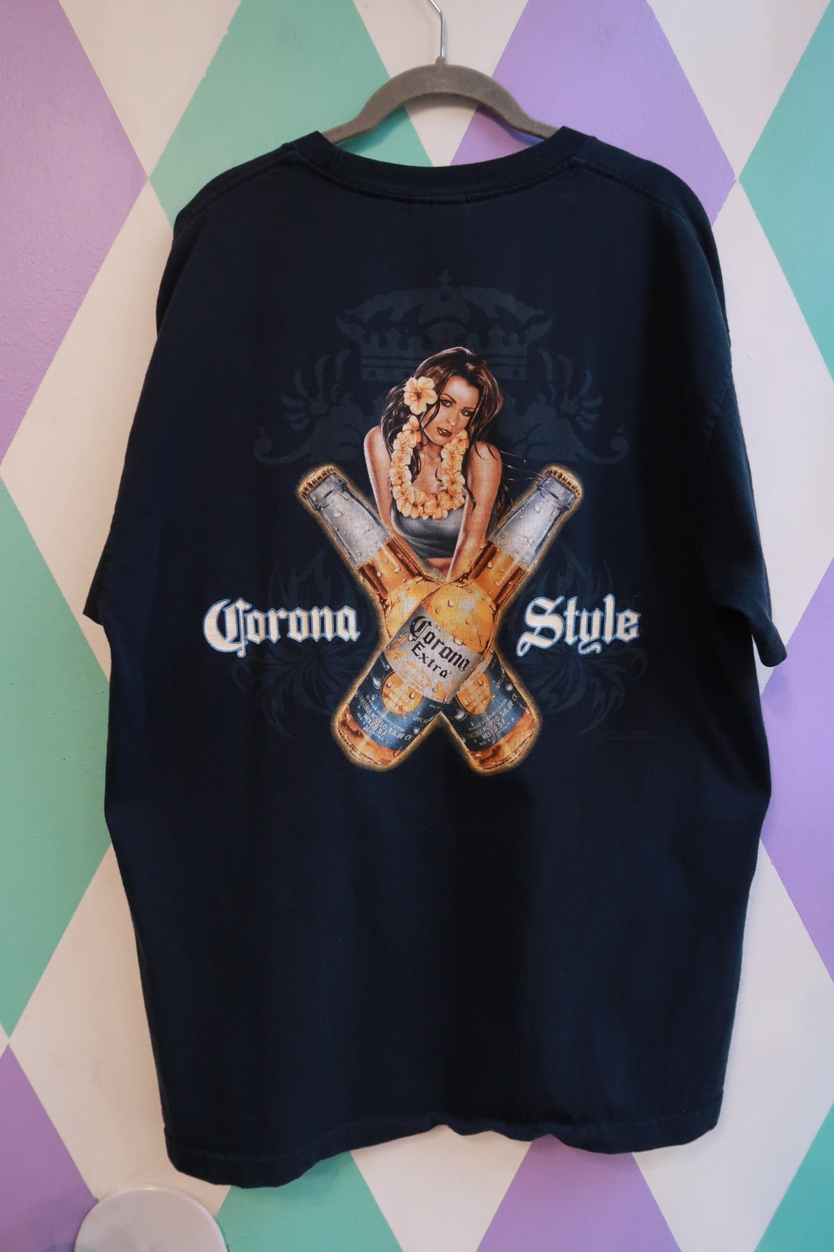 Men's vintage 2000s Corona Extra graphic T-shirt by Elektra Vintage, featuring a retro Corona style design on soft fabric.
