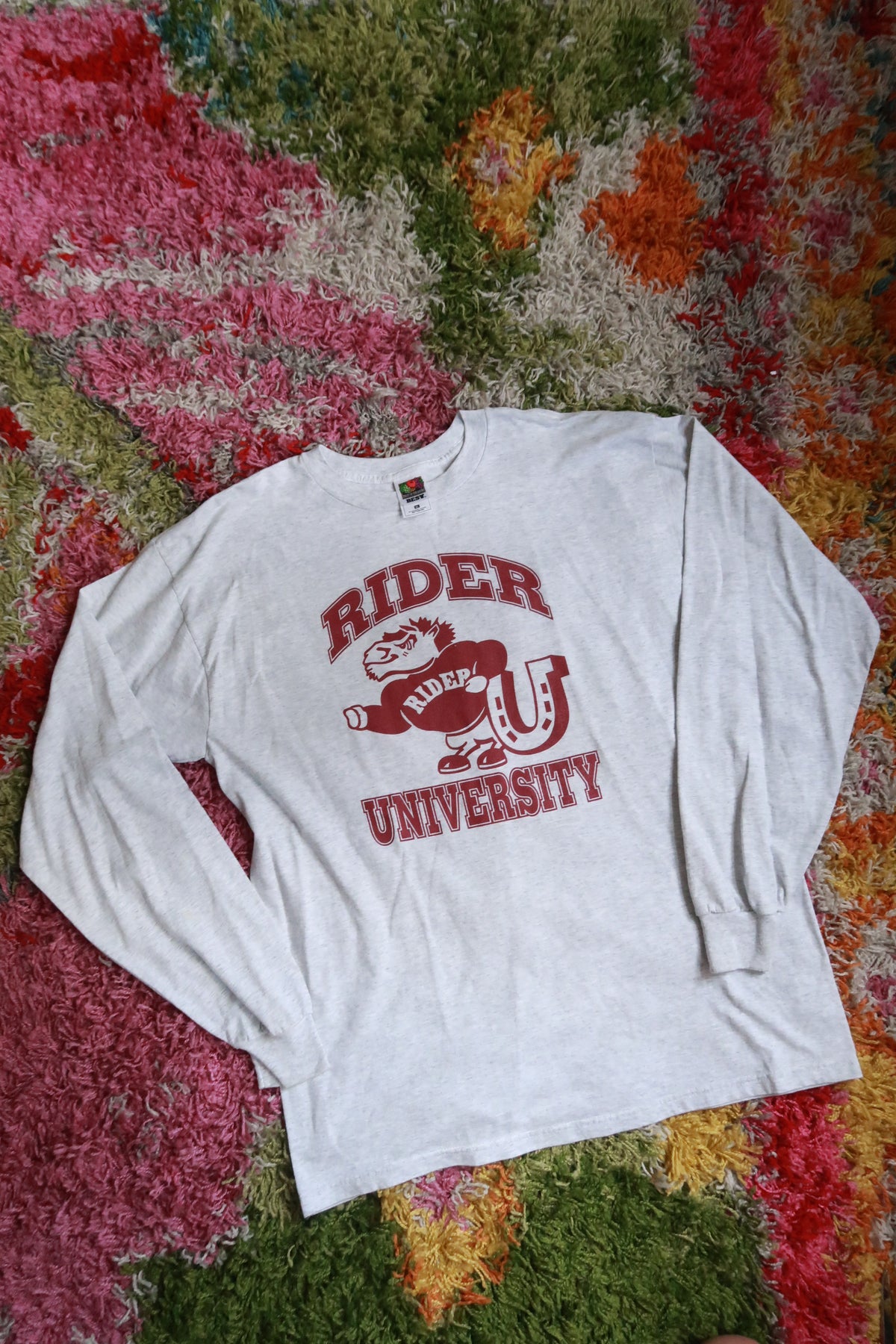 Vintage 90s Rider University Broncs Gray Long Sleeve Mascot Graphic T-Shirt