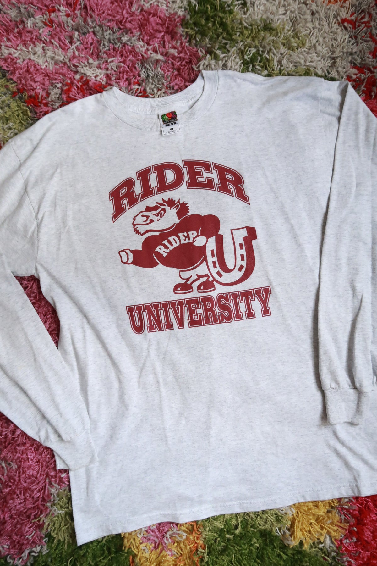 Vintage 90s Rider University Broncs Gray Long Sleeve Mascot Graphic T-Shirt