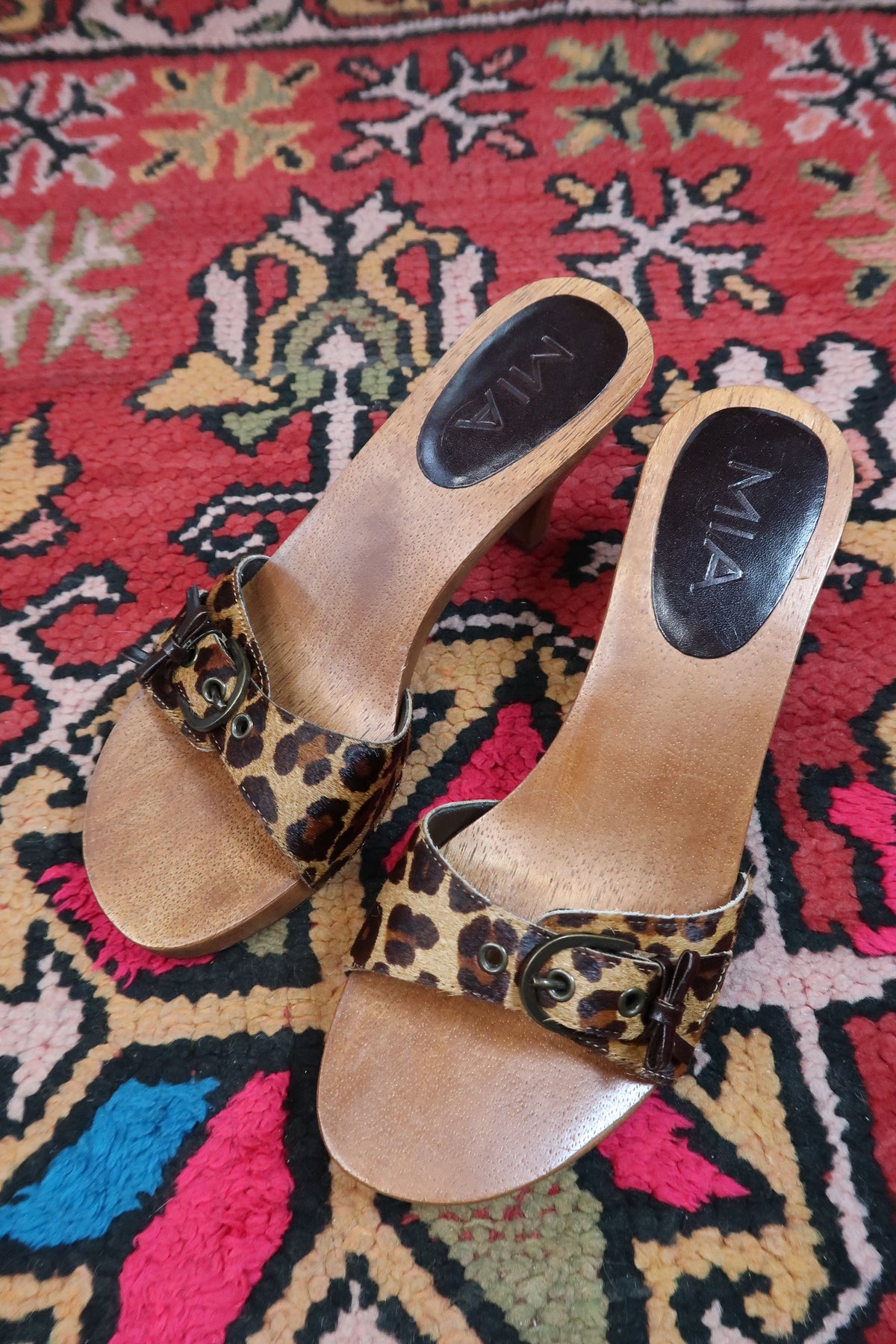 Deadstock Vintage MIA Pony Hair Leopard Print Wooden Mules – Y2K Heeled Sandals