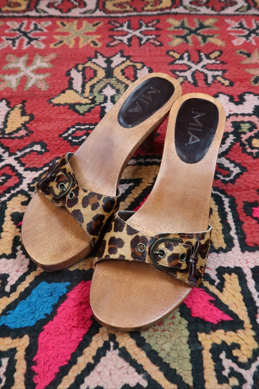 Deadstock Vintage MIA Pony Hair Leopard Print Wooden Mules – Y2K Heeled Sandals