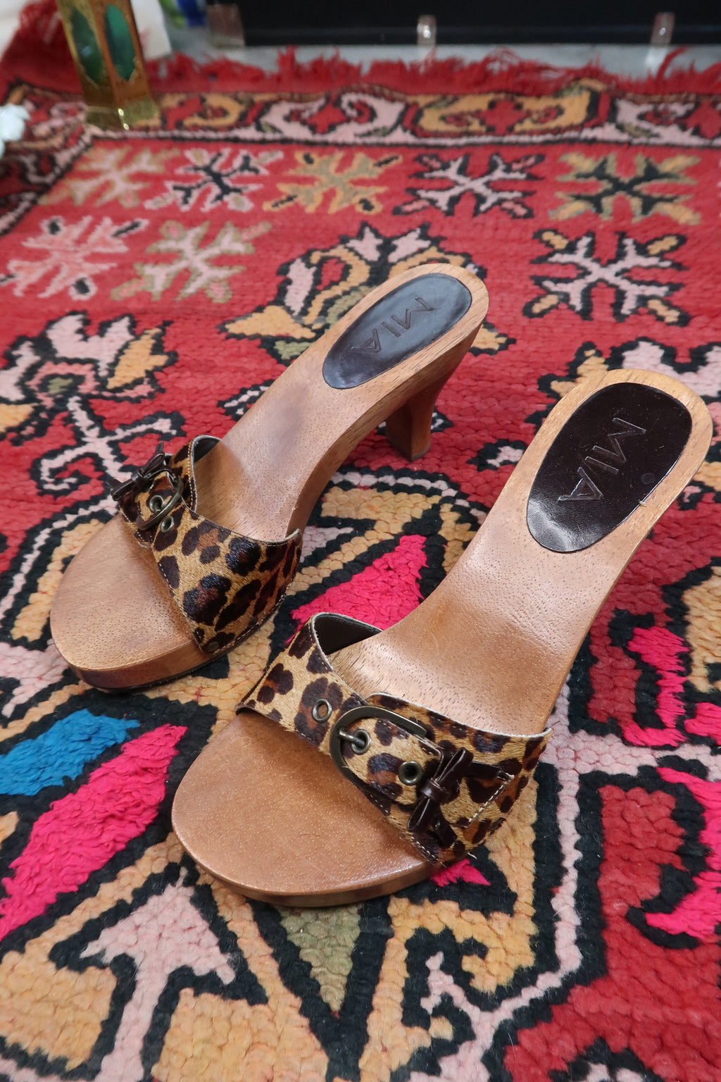 Deadstock Vintage MIA Pony Hair Leopard Print Wooden Mules – Y2K Heeled Sandals