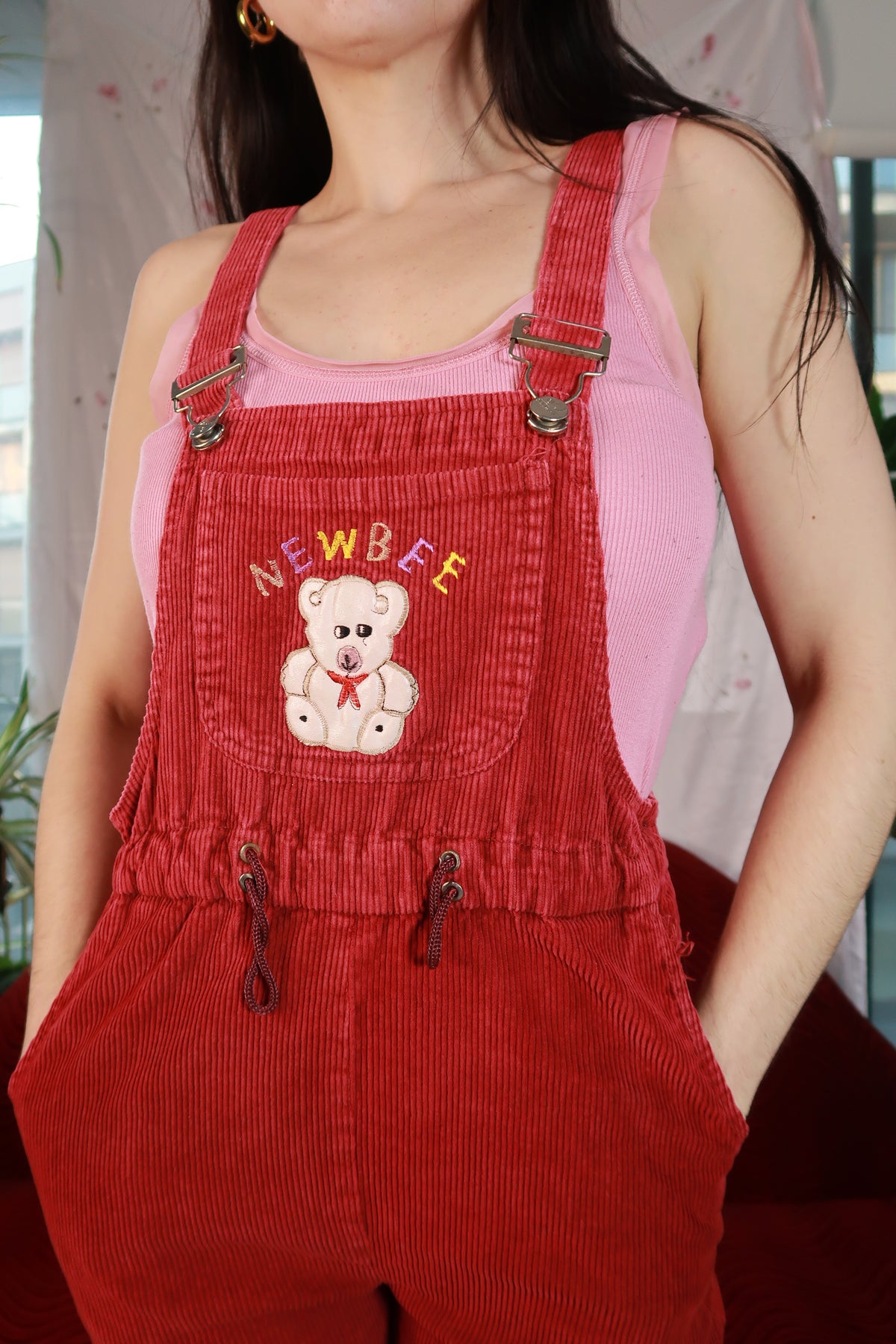 Vintage 90s Red Corduroy Teddy Bear Embroidered Overalls
