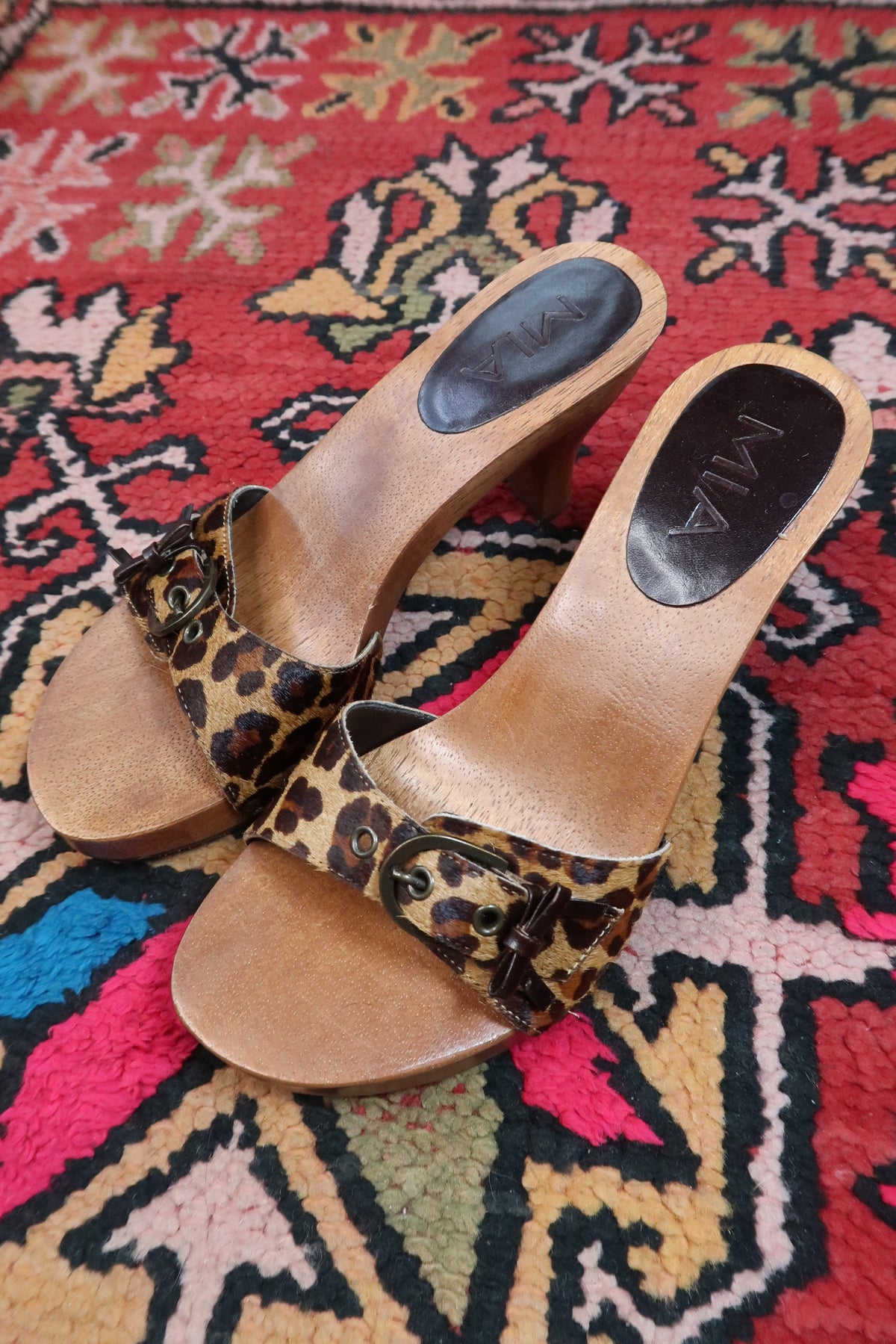 Deadstock Vintage MIA Pony Hair Leopard Print Wooden Mules – Y2K Heeled Sandals